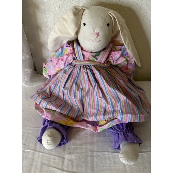 Vtg 80s Folk Art Hand Made Easter Bunny Rabbit Plush Doll Whimsical Dress  Apron - Picture 1 of 11